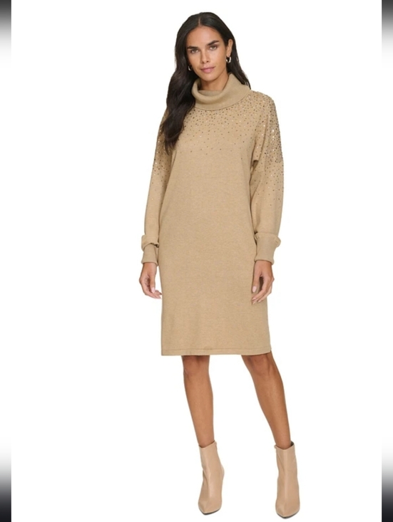 Dresses & Skirts - Calvin Klein Women Beige Embellished Cowl Neck Sweater Dress Sz Large Rhinestone